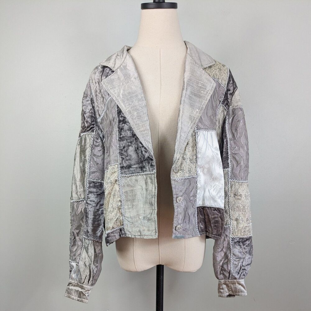 Y2K Patchwork Velvet Jacket XS Gray Silver Lace 90s Eclectic Artsy Whimsigoth - Picture 1 of 16
